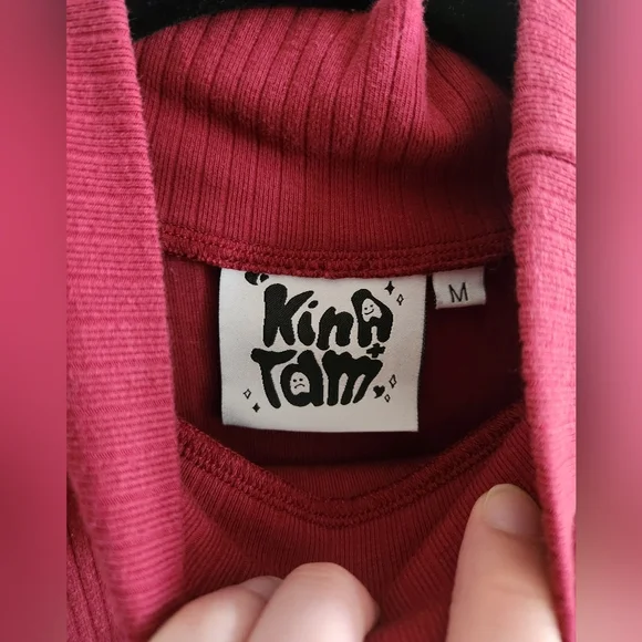 Kina & Tam Loveweb Top Spiderweb Heart Red Mockneck Ribbed Top - Picture 5 of 9